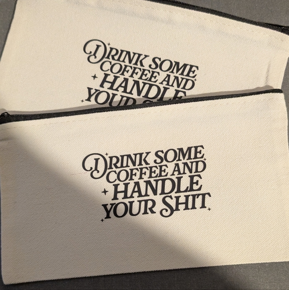 Hand Crafted Cream Cosmetic Bag with Black Text